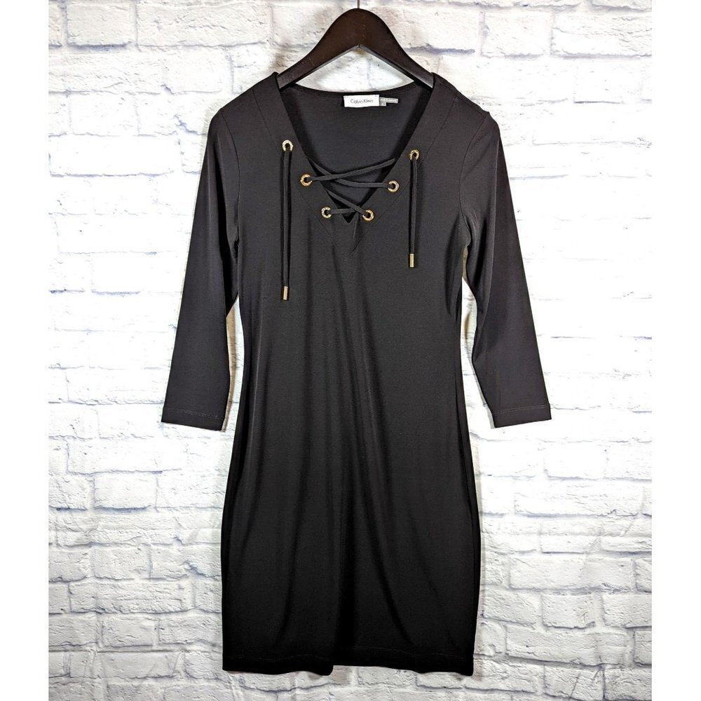 Calvin Klein Little Black Dress Lace Up Detail Bodycon Mini 3/4 Sleeve Size 4